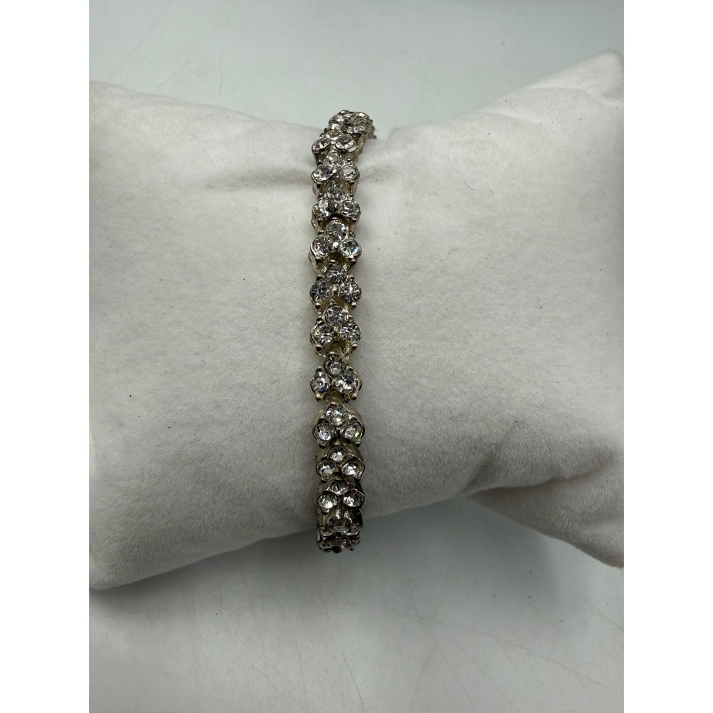 Vintage Silver‎ Tone Rhinestone Tennis Bracelet Clear Crystal Floral Link 7.75in